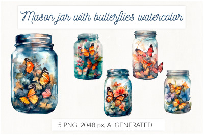 Mason jar with butterflies, flowers, leaves AI generative watercolor i