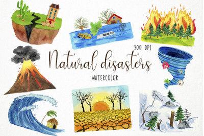 Watercolor Natural Disasters Clipart, Catastrophes Clipart, Environmen