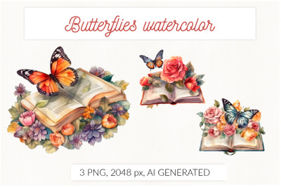 Vintage book with butterflies and flowers watercolor clip art (AI gene