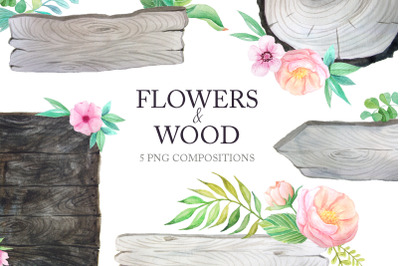 Watercolor Floral Wood Banner Clipart