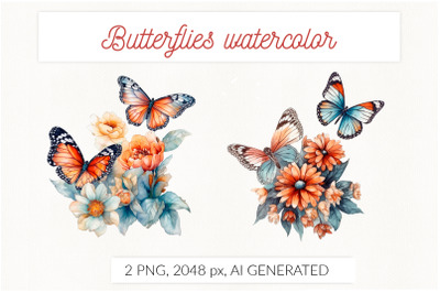 Butterflies with flowers, retro AI generative watercolor isolated illu