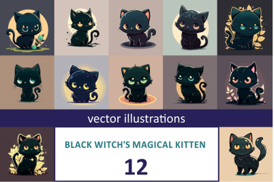 &nbsp;Cute Little Cartoon kawaii anime Black witch&#039;s magical kitten cat. Fl