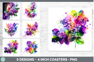 Rainbow Lilac Flowers Square Coaster | Sublimation Coaster Designs Bun