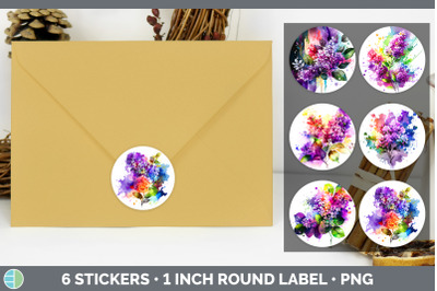 Rainbow Lilac Flowers Stickers | Round Labels Designs Bundle