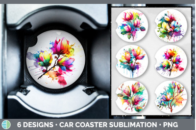 Rainbow Magnolia Flowers Car Coaster | Sublimation Coaster Designs Bun