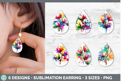 Rainbow Magnolia Flowers Teardrop Earrings | Sublimation Earrings Desi