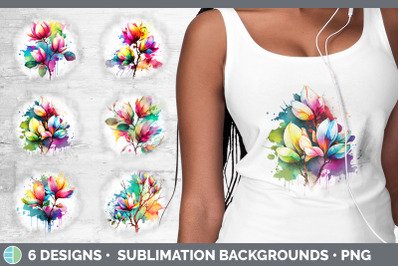 Rainbow Magnolia Flowers Grunge Background | Sublimation Distressed Ba