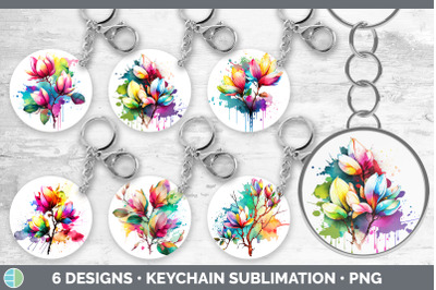 Rainbow Magnolia Flowers Keychain | Sublimation Keyring Designs Bundle