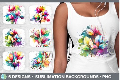 Rainbow Magnolia Flowers Distressed Background | Sublimation Backgroun