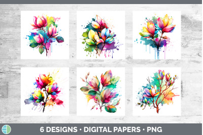 Rainbow Magnolia Flowers Paper Backgrounds | Digital Scrapbook Papers