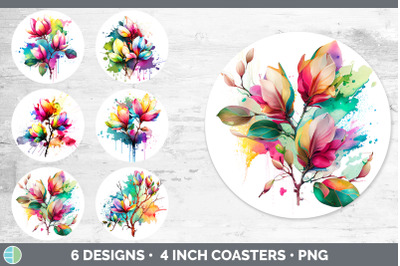 Rainbow Magnolia Flowers Round Coaster | Sublimation Coaster Designs B