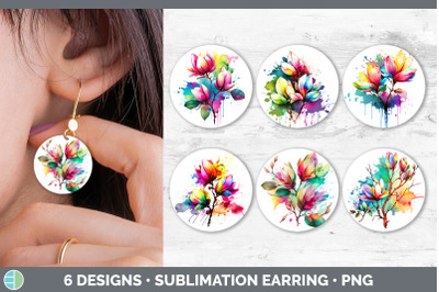 Rainbow Magnolia Flowers Round Earrings | Sublimation Earrings Designs