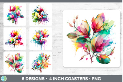 Rainbow Magnolia Flowers Square Coaster | Sublimation Coaster Designs