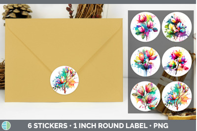 Rainbow Magnolia Flowers Stickers | Round Labels Designs Bundle