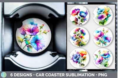 Rainbow Morning Glory Flowers Car Coaster | Sublimation Coaster Design