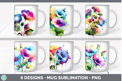 Rainbow Morning Glory Flowers Mug Wrap | Sublimation Coffee Cup Design