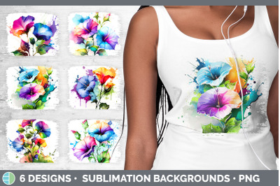 Rainbow Morning Glory Flowers Distressed Background | Sublimation Back