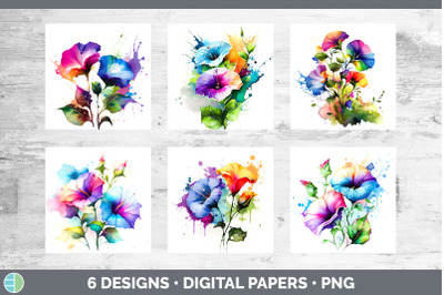 Rainbow Morning Glory Flowers Paper Backgrounds | Digital Scrapbook Pa