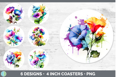 Rainbow Morning Glory Flowers Round Coaster | Sublimation Coaster Desi