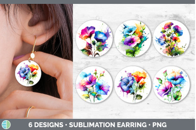 Rainbow Morning Glory Flowers Round Earrings | Sublimation Earrings De