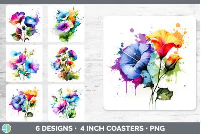 Rainbow Morning Glory Flowers Square Coaster | Sublimation Coaster Des