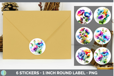 Rainbow Morning Glory Flowers Stickers | Round Labels Designs Bundle