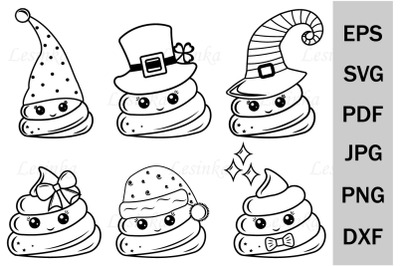 Set of Kawaii poop characters, svg, file for cutting, doodle