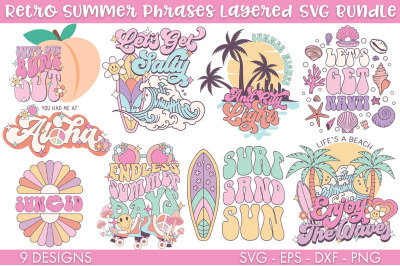 Retro Summer Phrases Layered SVG Bundle PNG Cut file