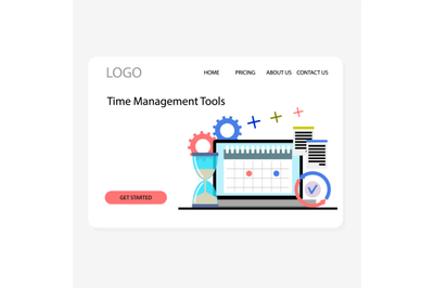 Time management tools landing page, time hourglass and calendar