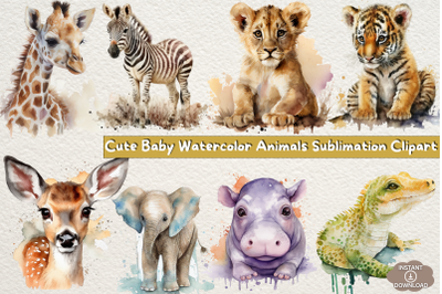 Cute Baby Watercolor Animals Sublimation Clipart