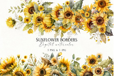 Watercolor sunflower borders, sunflower garlands