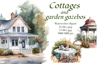 Cottages and gazebos, watercolor clipart