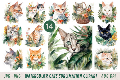 Watercolor Cats In Tropical Florals Sublimation Clipart