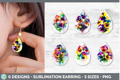 Rainbow Pansy Flowers Teardrop Earrings | Sublimation Earrings Designs