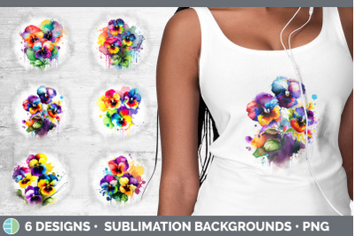 Rainbow Pansy Flowers Grunge Background | Sublimation Distressed Backs