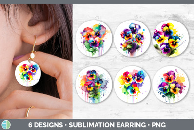 Rainbow Pansy Flowers Round Earrings | Sublimation Earrings Designs Bu