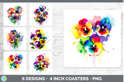 Rainbow Pansy Flowers Square Coaster | Sublimation Coaster Designs Bun