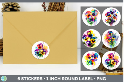 Rainbow Pansy Flowers Stickers | Round Labels Designs Bundle