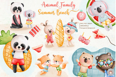 Watercolor Summer Animal Family on Beach Clipart