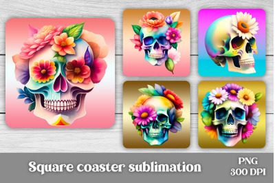 Skull flower square coaster sublimation | Skull coaster PNG