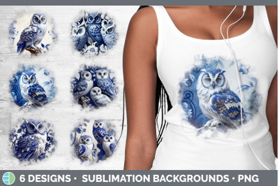 Blue and White Owl Bird Grunge Background | Sublimation Distressed Bac