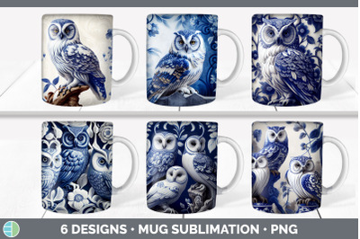 Blue and White Owl Bird Mug Wrap | Sublimation Coffee Cup Designs Bund