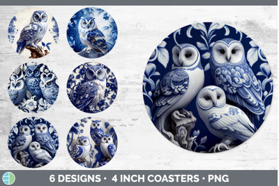 Blue and White Owl Bird Round Coaster | Sublimation Coaster Designs Bu