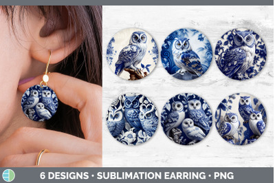 Blue and White Owl Bird Round Earrings | Sublimation Earrings Designs