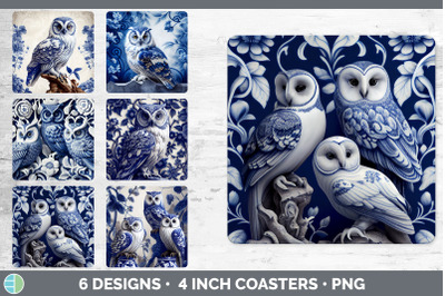 Blue and White Owl Bird Square Coaster | Sublimation Coaster Designs B