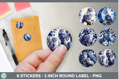 Blue and White Owl Bird Stickers | Round Labels Designs Bundle