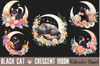 Black Cat &amp;amp; Crescent Moon Clipart Bundle