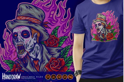 Da de los muertos zombie with fire background and blooming rose illust