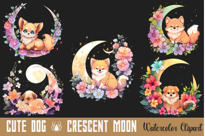 Cute Dog &amp; Crescent Moon Clipart Bundle