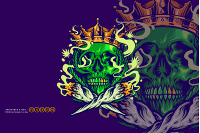 Skull king with royal crown smoking cannabis joint illuystrations